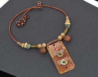 Mixed Metals Necklace; Layered Copper, Tibetan Dzi, Assorted Beads