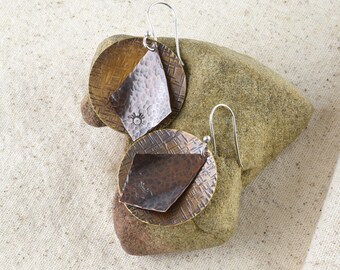 Mixed Metal Earrings: Copper, Bronze, Hand Textured, Sterling Ear Wires