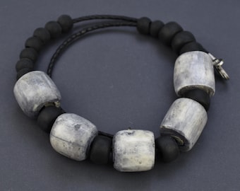 Long Kenya Dyed Bone Bead Necklace on Leather Cord, Jet Glass Beads