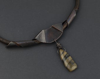 Metal and Stone Necklace on Chunky Leather, Adjustable length