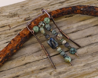 Scarf Pin Brooch; Fibula Style With Gemstone Beads and Copper Wire, Handmade