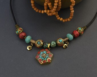 Nepal Beaded Choker Necklace On Leather Cord, Adjustable Length