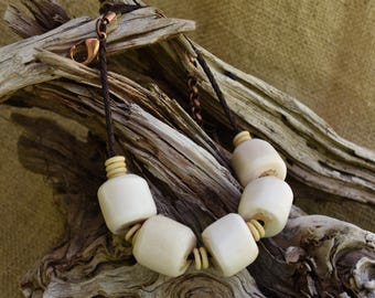 Kenya Bone Necklace Choker on Braided Leather Cord