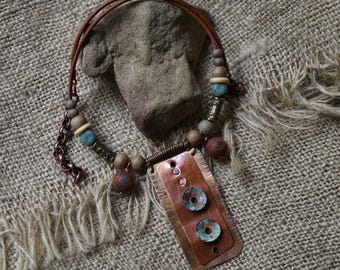 Earth Goddess Shield Necklace; Layered Copper, Tibetan Dzi, Assorted Beads, OOAK