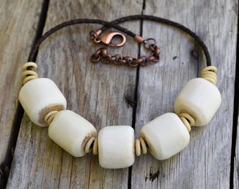Kenya Bone Necklace Choker on Braided Leather Cord