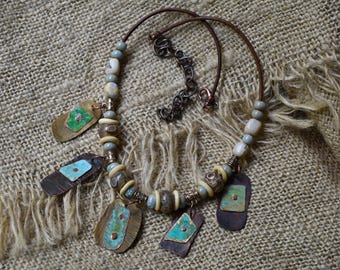Garden Goddess Necklace; Copper and Bronze Verdigris, Tibetan Dzi, Porcelain and More