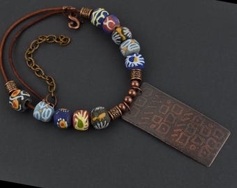 Tribal Design Necklace; African Painted Glass with Etched Copper Pendant