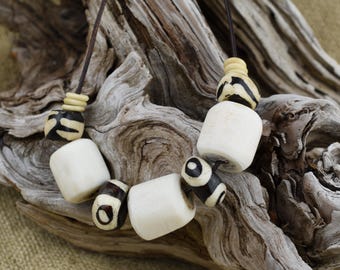 Batiked Bone Necklace Choker on Leather Cord
