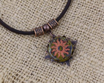 Czech Glass Boho Sun Necklace on Leather Cord