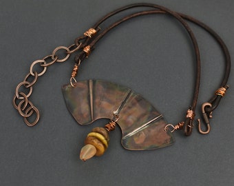Foldform Copper Necklace with Brown Turquoise and Citrine on Leather Cord, Copper Closure, Gender Fluid, Adjustable Length