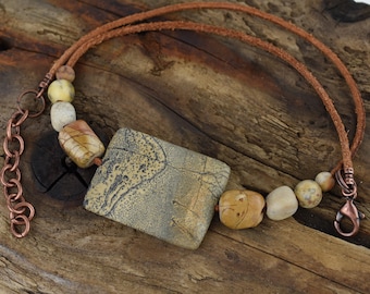 Gemstone Choker Necklace; Jasper, Opal, Agate, Leather