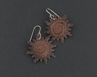 Celestial Sun Etched Copper Earrings with Sterling Ear Wires