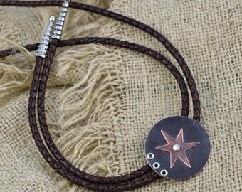 Bolo Tie;  Textured Copper With Slide, Silver Tips, Copper Star, Brown Leather Cord