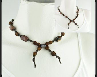 Jasper Necklace; Macrame, Glass, Chain, Leather, Adjustable