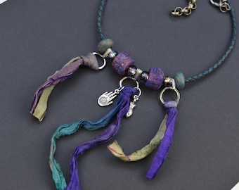 Festival Necklace Choker; Purple, Blue, Sari Silk, Clay Beads and Charms