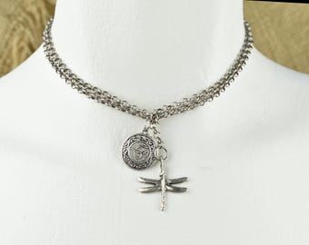 Choker or Necklace; Two Styles.  Antique Silver Rolo Chain With Ohm and Dragonfly