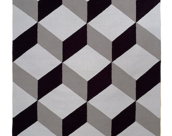 EMPIRE RUG- 8x10 grey and black cotton dhurrie rug 3D pattern tile inspired carpet modern design