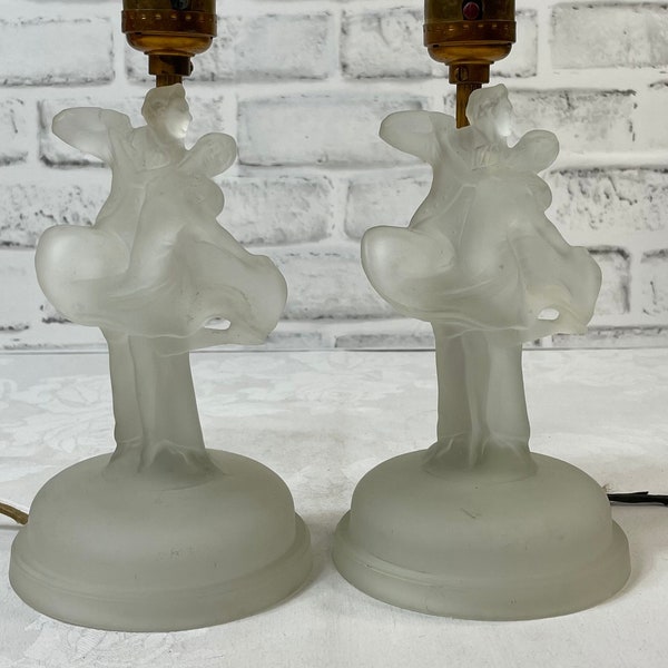 Antique Frosted Glass Lamp Pair Dancing Couple Budoir Needs Rewiring