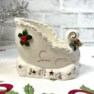 Vintage Napco Christmas Sleigh with Spaghetti Trim Ceramic Planter Candy Dish Decor