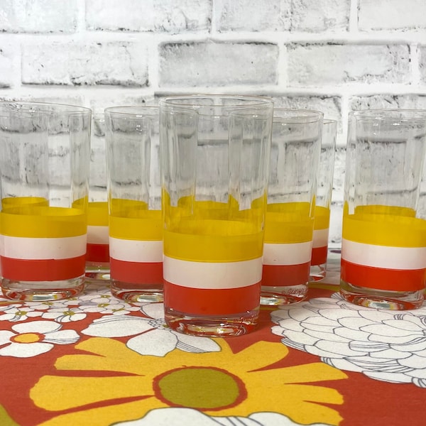 Set of 2 Vintage 1970s Georges Briard Cabana Striped High Ball Glasses Orange Yellow Highball