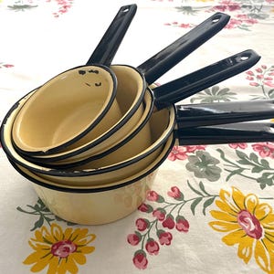 Vintage Enamel Sauce Pans CHOICE Yellow with Black Handles 1930 1940