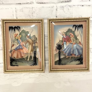 Pair of Vintage Framed Convex Silhouette Reverse Painted Bubble Glass Turner Print Style Courting Couple 7x8-1/2&quot;