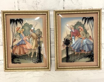 額入り 1940年代 逆シルエットガラス絵画 ヴィンテージ 壁掛け写真 凸