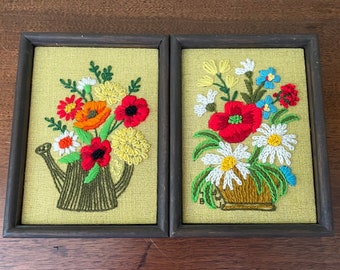 Two Vintage 1970s Crewel Work Framed Completed 6" x 8" Watering Can