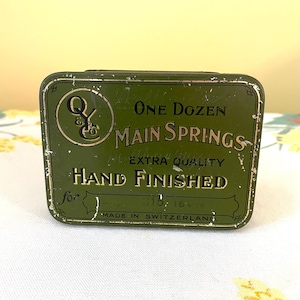 Vintage Tin Box Main Springs Hand Finished Olive Green Antique 1920