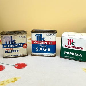 3 Vintage Metal Spice Tin Containers McCormick Lot Sage All Spice Paprika