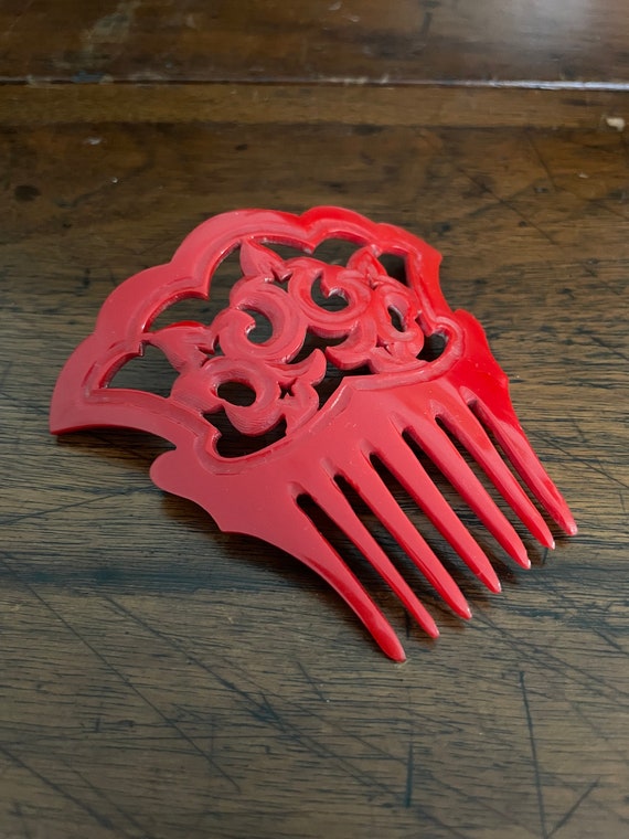 Vintage Red Bakelite Hair Comb 4" 1940s Fashion Ca