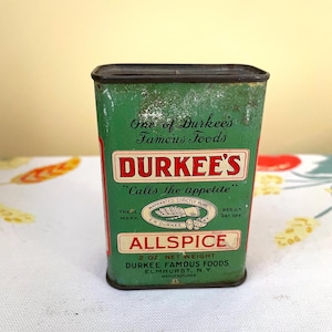 Vintage Durkee Spice Tin Metal Container Green Allspice Elmhurst NY