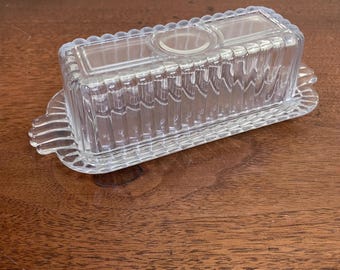 Vintage Clear Glass Butter Dish with Lid~Hazel Atlas Scalloped and Ribbed