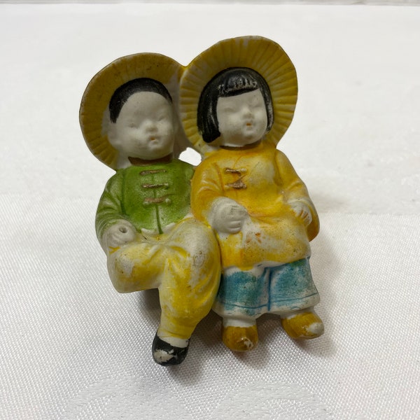 Vintage Bisque Ceramic Shelf Sitter Asian Boy and Girl Children 1940s FT Japan