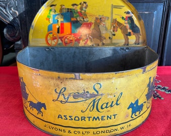 Antique English Cookie Biscuit or Candy Tin Lyon's Mail Assortment London Half Round