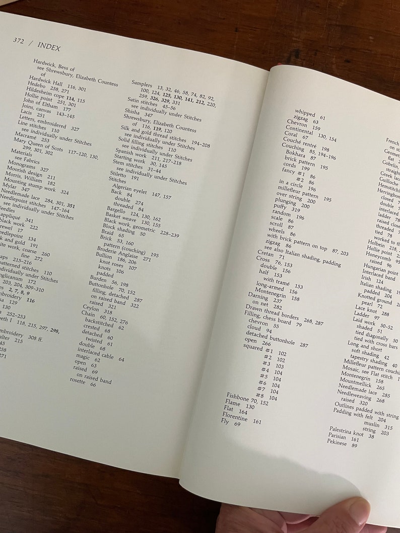 May include: Open book with a detailed index of embroidery stitches and techniques. The pages are filled with text, including terms like "Bargello," "Chain," and "Fishbone." The book is open to a page with the index.