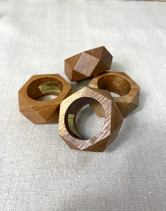 Natural Wood Geometric Napkin Rings Set Of 4