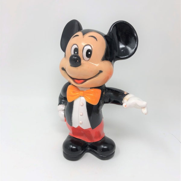 Vintage Vinyl Mickey Mouse Doll Bank with Poseable Arm Made in Korea 6-3/4" tall Disney