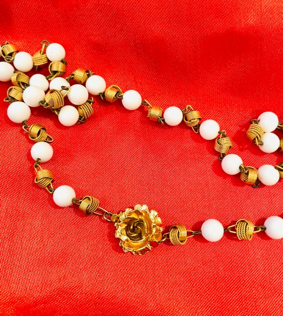 Vintage Necklace Gold Rose Clasp White Beads and G