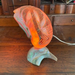 May include: A decorative lamp with an orange, carved, seashell-shaped shade. The shade is lit from within, casting a warm glow. The base is a pearlescent, iridescent shell shape. The lamp is plugged in with a white cord.