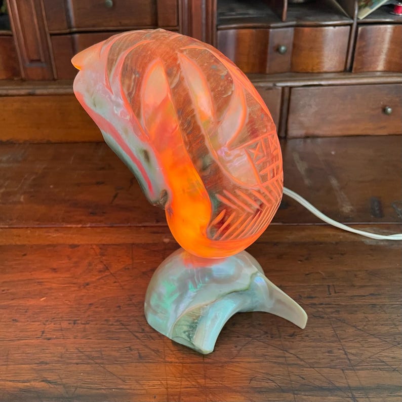 May include: A decorative lamp with an orange, carved, seashell-shaped shade. The shade is lit from within, casting a warm glow. The base is a pearlescent, iridescent shell shape. The lamp is plugged in with a white cord.