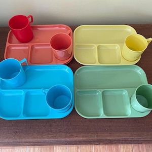 Vintage Picnic Set 6 Plates and Cups Colonial Plastics 1960s Orange Yellow Blue Green