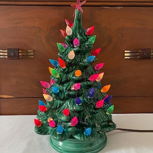 Vintage 12&quot; Christmas Tree OX Mold Ceramic Green with Base and Lights 1970s