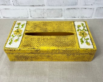 Vintage Yellow Tissue Box Wood with Raised Design Like Florentine 1960s 1970s