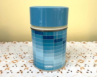 Vintage Soup Thermos 6-1/4" Shades of Blue Blocks 1960s 1970s King Seeley