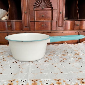 Vintage Enamel Sauce Pan White with Blue Rim with Handle 1940s