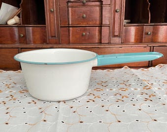 ヴィンテージ エナメル ソースパン ホワイト ブルーリム ハンドル付き 1940年代