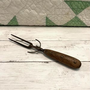 Vintage Meat Fork Wood Handle and Steel Spikes Antique