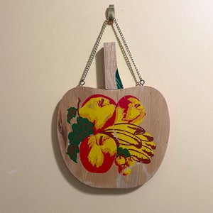 Vintage Wood Apple Cutting Board with Knife in Top and Chain for Wall Hanging 1950s 1960s