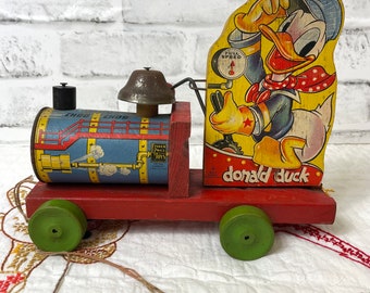 Fisher Price 1940 DONALD DUCK Choo Choo PULL TOY wooden #450